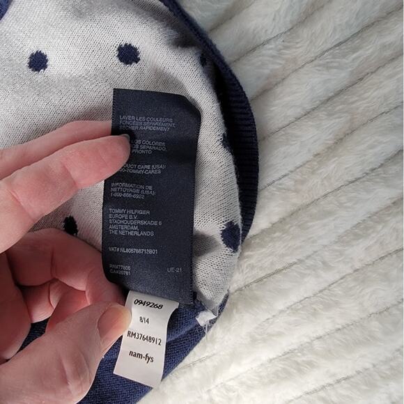 Tommy Hilfiger Navy Polka Dot Sweater Women’s Large 100% Pima Cotton V-Neck - Picture 9 of 9